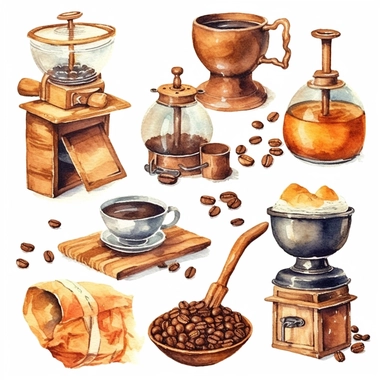 Coffee clip art, coffee beans makers takeaway drawings in watercolor style and clip art style