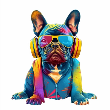 french bulldog, transparent backround,clipart,4k hd,full body,differend positions ,headphone,sunglasses, really really colorful