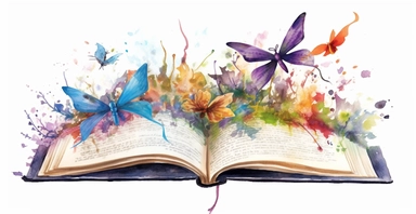 Adorable open watercolour book, cute dragon flies flying out, vivid colours, ornamental watercolor clipart, white background, I can’t believe how beautiful this is