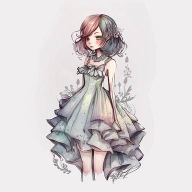 a young woman, dressing haute couture dress, white background, Watercolor Clipart, comic, strybk, full Illustration, 4k, sharp focus, watercolor, smooth soft skin, symmetrical, soft lighting, detailed face, concept art, muted colors, watercolor style, strybk, children's style fairy tales, chibi kawaii, Octane rendering, 3d. Perfect face, detailed face, delicate face, perfect sharp lips, detailed eyes. no 2 heads, no 2 faces, no missing ears, no cropped image, no out of frame, no deformed hands, 