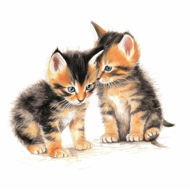 2 fuzzy spotted black and orange kittens playing, color pencil sketch on a white background for clipart