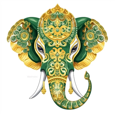 Flat illustration, Delicate embroidery depicts the head of traditional Chinese elephant head dance, with green and gold as the main colors, bright lighting, unimaginable details, a lot of negative white space, uhd, 16k,white background, clipart