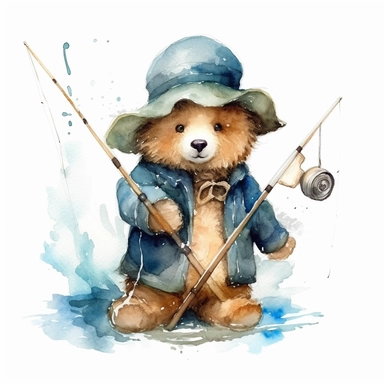 Clipart, watercolor, white background: A teddy bear dressed as a fisherman, wearing a hat and holding a fishing rod, embodying the spirit of adventure and outdoor exploration.