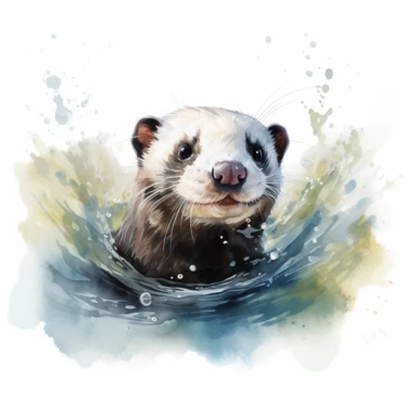 realistic watercolor ferret swimming on a lake on solid white background, clipart