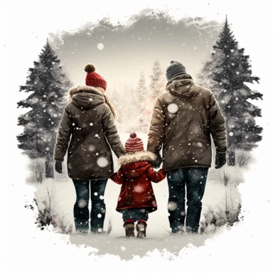 a Christmas Family Clipart Graphic of two two children, a woman and a man their backs to the camera in a snowy landscape