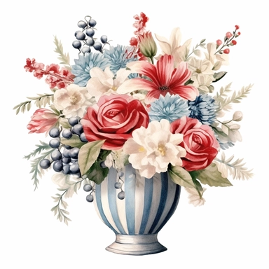 pastel red white blue color vintage wedding floral bouquet in a vase clipart