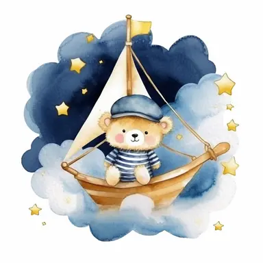 night sky clouds and a swarm of golden stars. a cute happy plushie sailor bear in a striped blue and white shirt and a sailor hat, in a wooden sailboat with a white sail, sailing on fluffy clouds not sea. dreamy. prominent visible brush strokes, watercolour texture, watercolor clipart png on white background