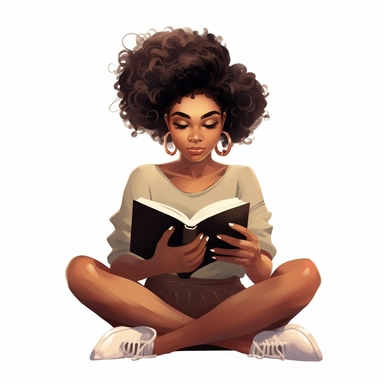 Create me a Illustrative clipart with white background, Chic black girl with legs cross, relaxing, reading a book with the cover name self love
