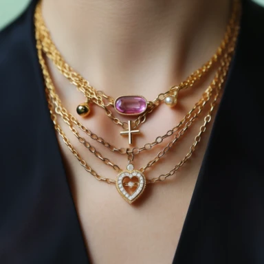three-layer necklace with yellow gold paper clip chain, color gemstone mini cross charm embellishments around, with pink diamond heart shaped center pendant, ballerina core fused with norm core