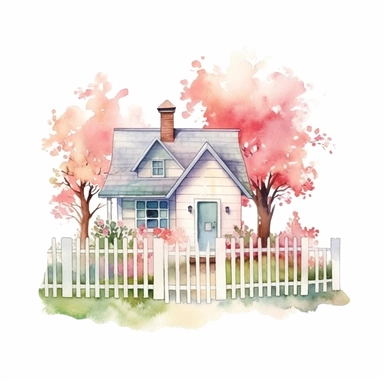 clipart, isolated on white background, beautiful cute Watercolor Spring Cottage - cute little house with fence and chimney, tree and flowers, ornated, pastel colors