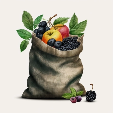 fruits in a black burlap sack, watercolor clipart, transparent background