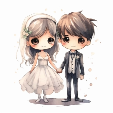 full body Little bride and groom, Watercolor Clipart, strybk, full Illustration, 4k, sharp focus, watercolor, smooth soft skin, symmetrical, soft lighting, detailed face, concept art, muted colors, watercolor style, strybk, children's style fairy tales, chibi kawaii, . Octane rendering, 3d. Perfect face, detailed face, delicate face, perfect sharp lips, detailed eyes. Craig Davison, Aubrey Beardsley, Conrad Roset, Aikut Aidogdu, Agnes Cecil, watercolor style