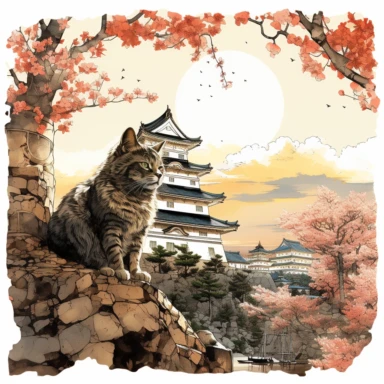 cherry blossoms laden on Osaka Castle Bottom, Siamese Cat wearing a Japanese kimono, sunset. Clipart Watercolor