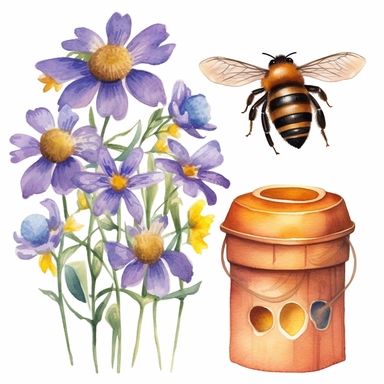 Watercolor Honey Bee Clipart, four wings, spring garden flowers and honey drips, beehive clip art