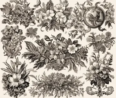 sheel full of various vintage flower ornaments clipart, victorian age, separated each