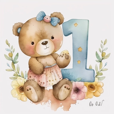 watercolor cute bears holding number 1 clipart