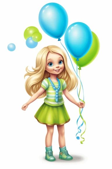 hp clipart,cute 3 year old girl dressed in light summer clothes holding 3 green balloons in his hand, big blue eyes, long blond hair, on white background, vector , fully detailed, full body figure view