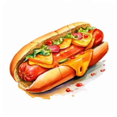 a watercolor clipart of a hotdog, white background