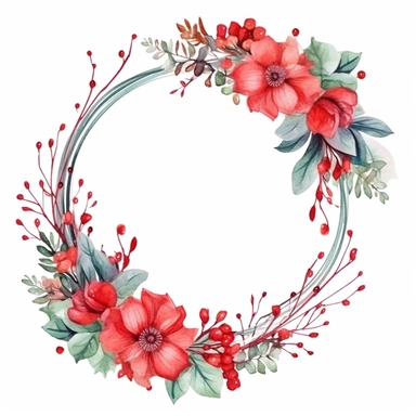 one Christmas round flower frame clipart seamles ornament on a white background, in the style of watercolor landscapes, red and green, no watermark, text, 300 DPI , typography, shapes do not stick together, no text in the picture, on a white background