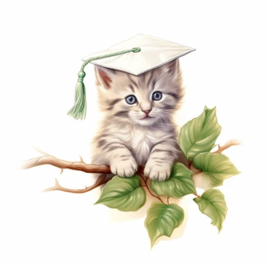 a small cute smiling kitten , wearing a graduation hat, color pencil sketch on a white background for clipart, small branch of ivy