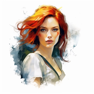 beautiful stunning pretty young woman as Triss from The witcher character, paint art style, clipart, white background, superrealistic, one of a kind