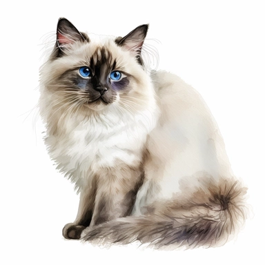 watercolor cute Birman cat clipart, white background,