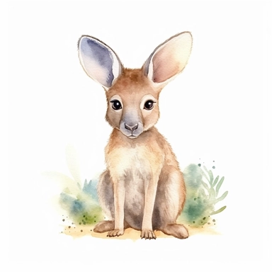 a harmonious baby kangaroo with kind eyes clipart with watercolor illustration,full body shot,8k,etsy style, white background