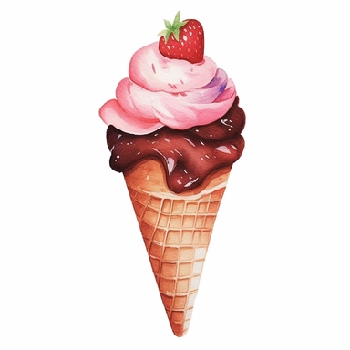 ice cream cone, pink pastel colors, light watercolor, few details, dreamy, Studio Ghibli, clipart, white background