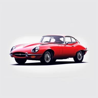 Using a minimalist clipart style, create a pristine image of a classic 1975 Regency Red Jaguar E-Type Series III, presented against a pure white background with a 1:1 aspect ratio. Balance the geometric representation of the vehicle's iconic lines and contours with the bold, flat color of its Regency Red finish. The image should be clean, sleek, and striking, capturing the timeless elegance and charm of this classic car.