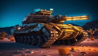 cyberpunk 2077 inspired camouflaged neon tank with laser turrets, armored vehicle in post apocalyptic dessert clipart. Cinematic, Ultra-Wide Angle, Depth of Field, hyper-detailed, Unreal Engine, Cinematic, Photoshoot, Shot on 25mm lens, Depth of Field, DOF, Tilt Blur. Shutter Speed 1/1000, F/22, White Balance, 32k, Super-Resolution, Megapixel, Pro Photo RGB, VR, Lonely, Good, Massive, Half rear Lighting, Backlight Natural Lighting, Incandescent, Optical Fiber, Moody Lighting, Cinematic Lighting,