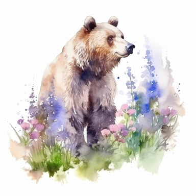 detailed watercolor clipart, photography style, beautiful bear, in a meadow, HDR, spring floral,self shadow, white background