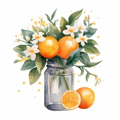 Create a watercolor oranges clipart with glass nd bouquets