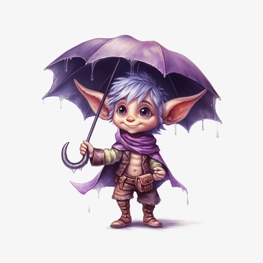 Cute Adorable magical little Elf with big pointed ears holds a umbrella in his hand wears a raincape and stand in the rain on a country road, clipart, photorealistic illustration, watercolor, high detail, 8k polished, 8k, vibrant colors, sticker, majestic, die cut, black and purple color, white background