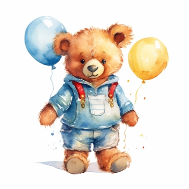 draw charming watercolor illustrations of a teddy bear wearing a shirt, the same character in different situations wit balln watercolor, single object, watercolor illustration, cartoon clipart, white background for removing background