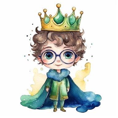 Clipart of a cute little king smilling. He is wearing a very beautiful suit and a cute blue cape. He is brunette and curly hair and with green eyes. He is wearing cute glasses. The crown is very boyish and made of gold. The background is watercolour and sparkly. 4K