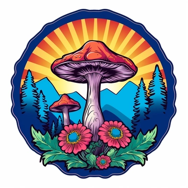 graphic bold, magic mushroom round logo, clipart, Colorado state flag colors