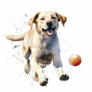 Labrador Retriever, Playing Fetch, watercolor, Clipart, white background, no text, no caption