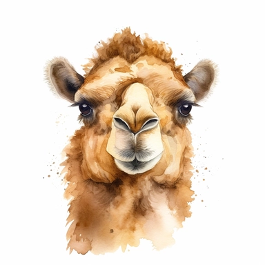 Single, Watercolor, camel, face, clip art, detailed, white background