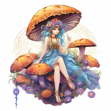 Enter a whimsical realm of fantasy and imagination with a delightful clipart image of a fairy queen perched upon a magical mushroom. Visualize a scene where the fairy queen, adorned in an exquisite gown woven with shimmering threads and embellished with delicate flower petals, sits gracefully atop a vibrant, oversized mushroom. Let the mushroom be enchantingly unique, with colorful patterns and intricate details that evoke a sense of magic and wonder. Surround the fairy queen with a lush and enc