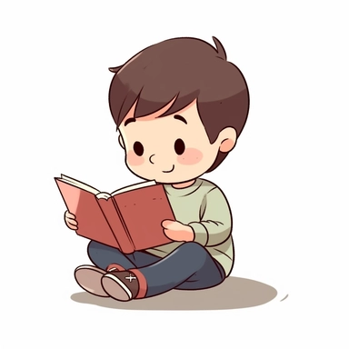 a boy reading a book, cartoon style, clipart, on white background
