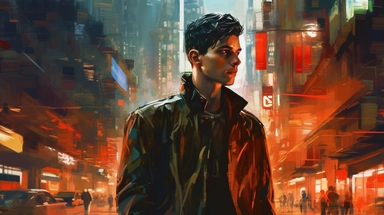 beautiful stunning pretty vintage bladerunner young man, paint art style, clipart, city landscape background, superrealistic, one of a kind