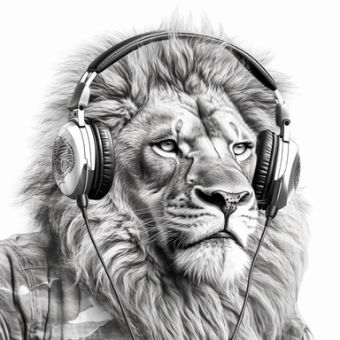 a lion wearing sunglasses and headphones, black and white,clipart, super detailed