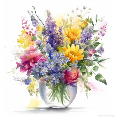 A breathtaking flower bouquet that includes ammi, solidago, asters, delphinium, spray roses, callistephus, and limonium, beautifully arranged in a glass vase clipart. Set against a clean white background, this wet watercolor artwork showcases vibrant colors and intricate details. Created with ZBrush and featuring sharp brush strokes, the bouquet appears incredibly lifelike and hyperrealistic. The high-definition (HD) quality ensures every petal and leaf is captured with precision, allowing you t