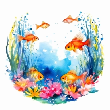 clipart, isolated on white background, Watercolor Spring pond with swimming colorful fish underwater, flowers, ornated, vivid and vibrant and saturated colors