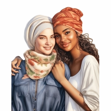 intercultural feminine best friends realistic illustration clipart, isolated on white background, 4K