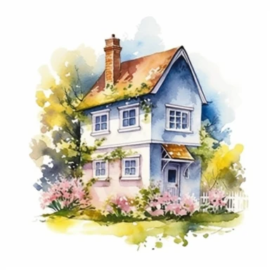 Vector clipart, isolated on white background, beautiful lovely Watercolor cute little colorful house, spring time , ornated, pastel colors, small England village