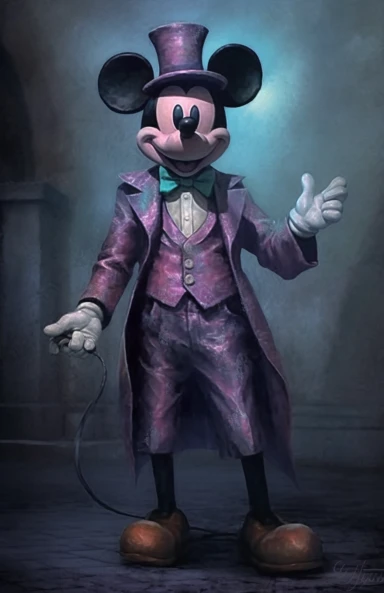 a mickey mouse in purple and blue costume with bow png clipart, in the style of dark pink and brown, pseudo-infrared, grid-based, commission for, close-up, dark white and dark green, associated press photo