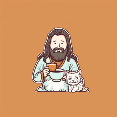 Jesus holding a cute cat and drinking coffee , clip art