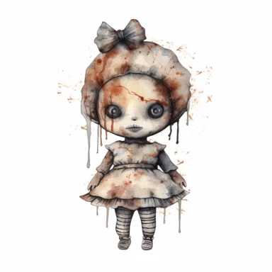 mystical dark scary watecolor halloween evil horror doll clipart, hd 4k, detailed, focused, isolated on white background