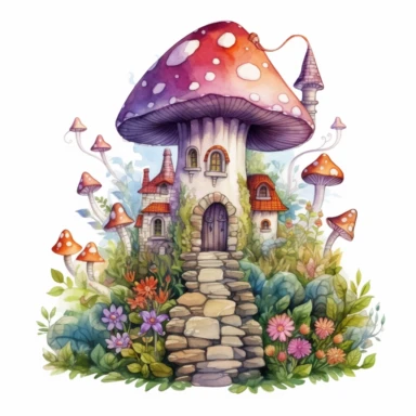 watercolor Fairy Tale Mushroom Castle clipart: Paint a whimsical mushroom castle standing tall amidst a magical landscape, surrounded by enchanting flowers, vines, and woodland creatures 5*5 inch white background